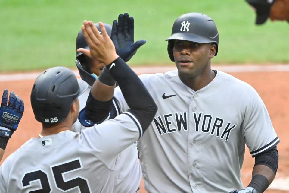 New York Yankees right fielder Franchy Cordero (33) celebrates his three-run home run in the third inning against the Cleveland Guardians at Progressive Field.