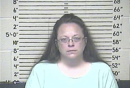 Rowan County clerk Kim Davis is shown in this booking photo provided by the Carter County Detention Center in Grayson, Kentucky September 3, 2015. REUTERS/Carter County Detention Center/Handout via Reuters