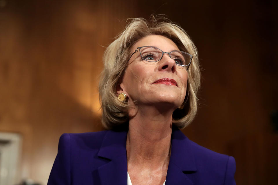 WASHINGTON, DC - JANUARY 17:  Betsy DeVos, President-elect Donald Trump's pick to be the next Secretary of Education, testifies during her confirmation hearing before the Senate Health, Education, Labor and Pensions Committee in the Dirksen Senate Office Building on Capitol Hill  January 17, 2017 in Washington, DC. DeVos is known for her advocacy of school choice and education voucher programs and is a long-time leader of the Republican Party in Michigan.  (Photo by Chip Somodevilla/Getty Images)