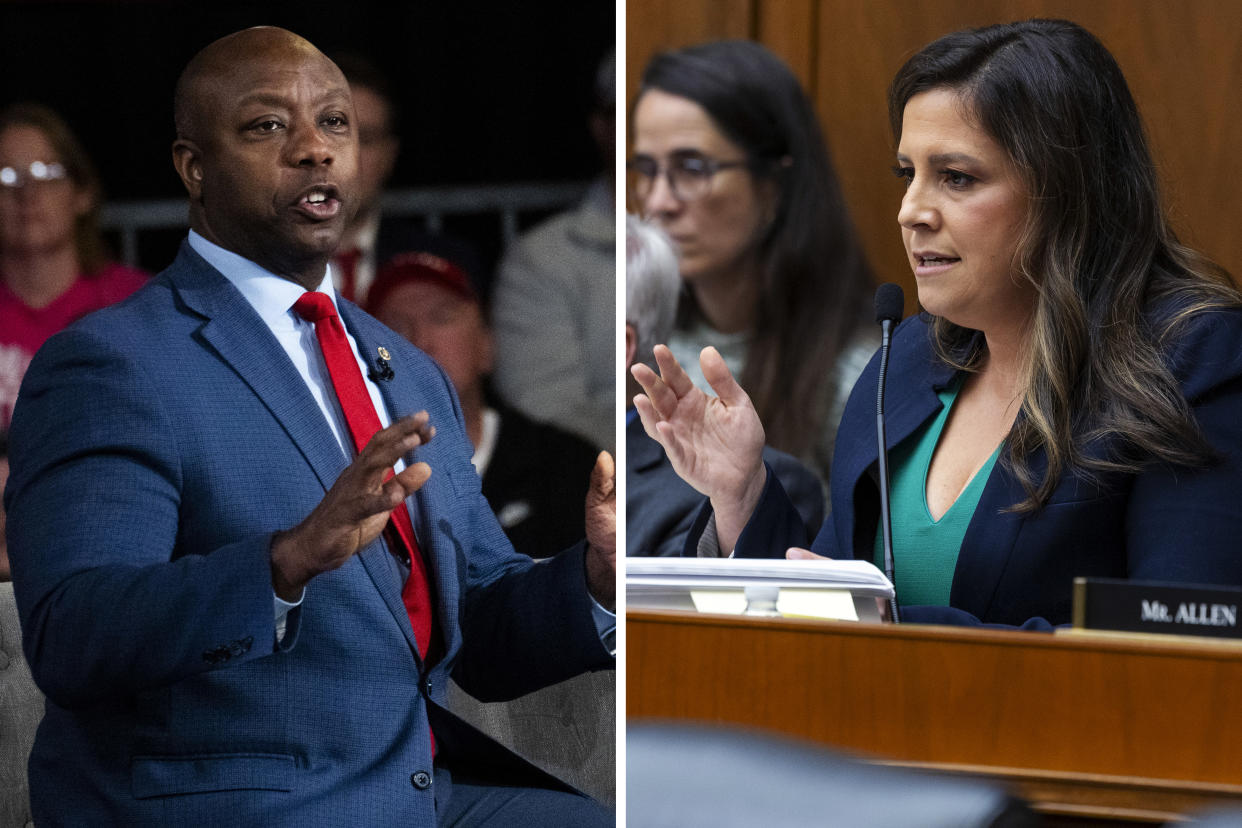 Sen. Tim Scott (R-S.C.) and Rep. Elise Stefanik (R-N.Y.), who have both given evasive answers when asked whether they will accept the results of this year’s election. (Doug Mills/The New York Times; Amanda Andrade-Rhoades/The New York Times)