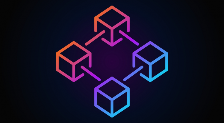 An image of 4 cubes connected in a web; blockchain