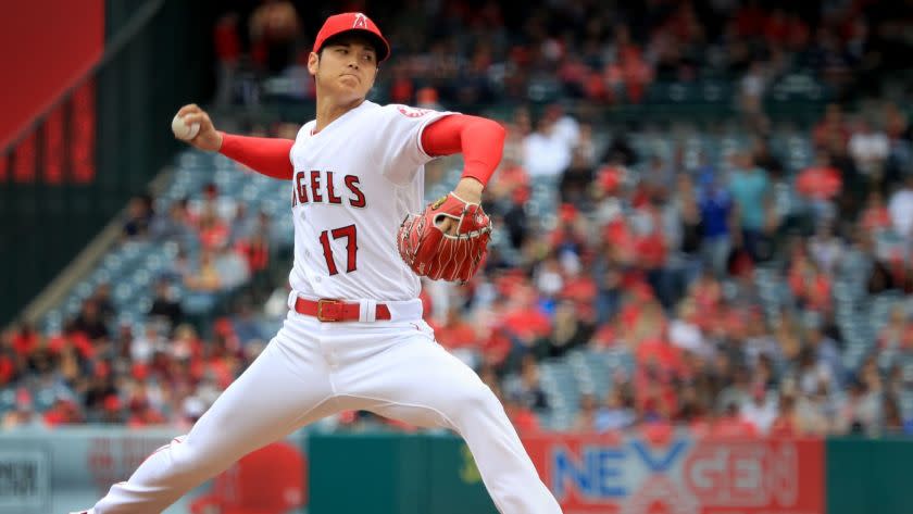 ANAHEIM, CALIF. -- SUNDAY, MAY 20, 2018: Angels starting pitcher Shohei Ohtani delivers a pitch in the first inning against the Tampa Bay Rays at Angel Stadium in Anaheim, Calif., on May 20, 2018. (Allen J. Schaben / Los Angeles Times)