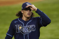 Tampa Bay Rays starting pitcher Tyler Glasnow leaves the game against the Los Angeles Dodgers during the fifth inning in Game 1 of the baseball World Series Tuesday, Oct. 20, 2020, in Arlington, Texas. (AP Photo/Tony Gutierrez)