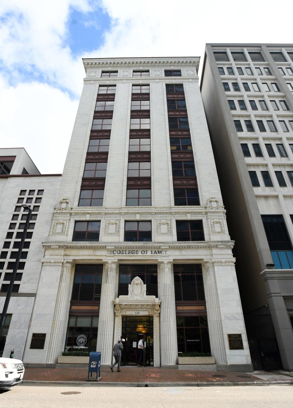 The tall, early 1900s Atlantic Bank Building forms the entrance to the new JU School of Law, and a portion of the school's interior space and the later 1950s bank addition to the left houses most of the school's classrooms. The official opening ceremony was held for the new campus of Jacksonville University's College of Law, now housed in the historic Atlantic Bank Building on Forsyth St. in downtown Jacksonville on Monday, August 26, 2024. The campus consists of 50,000 square feet of space in the century-old building.