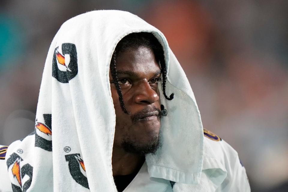 Baltimore Ravens quarterback Lamar Jackson (8) reacts during the second half of an NFL football game against the Miami Dolphins, Thursday, Nov. 11, 2021, in Miami Gardens, Fla.