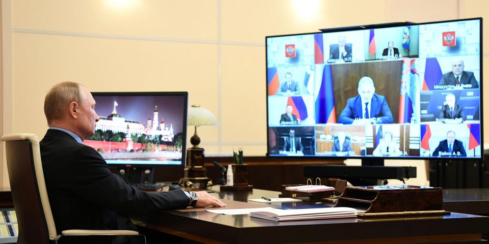 Russia's President Vladimir Putin takes part in a video conference call with members of the Security Council at the Novo-Ogaryovo state residence outside Moscow, Russia June 11, 2020. Sputnik/Alexei Nikolsky/Kremlin via REUTERS ATTENTION EDITORS - THIS IMAGE WAS PROVIDED BY A THIRD PARTY.