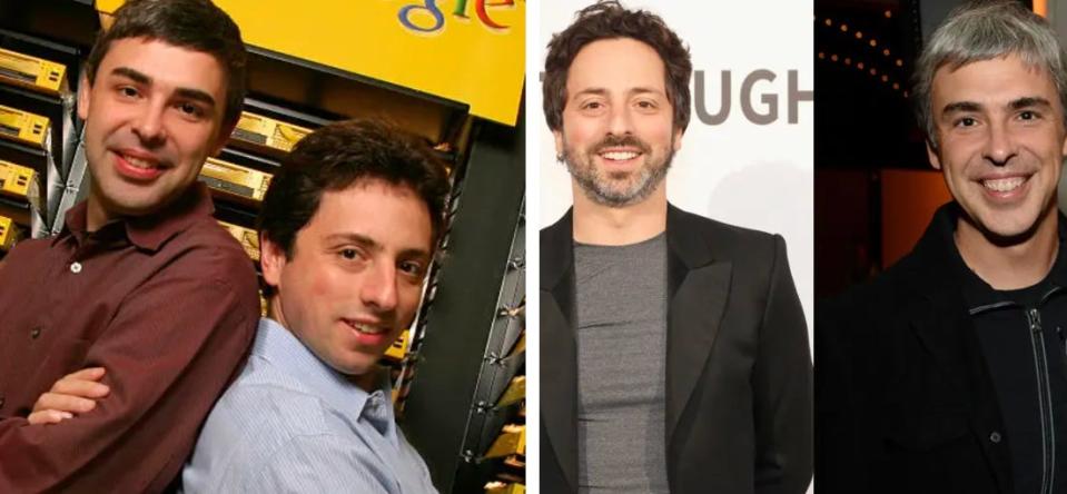 side-by-side of Google founders Larry Page and Sergey Brin in Google's early days and today