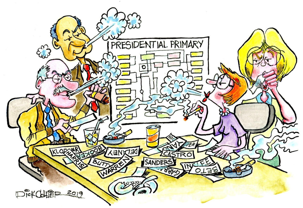 The smoky back room. (Illustration by Dick Collier for Yahoo News)