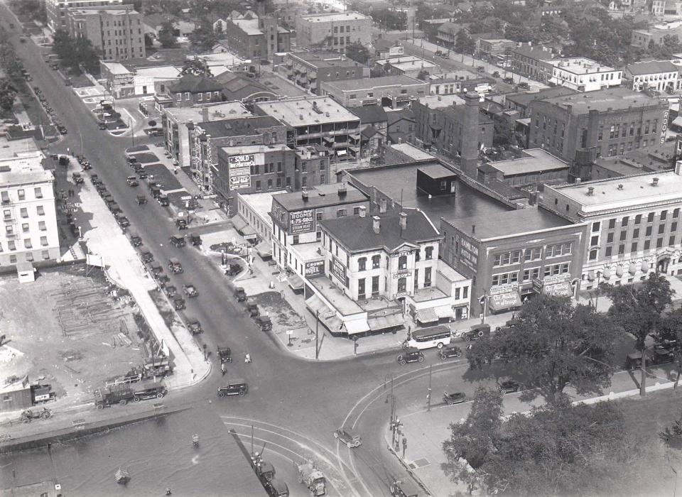 This undated photograph shows the Crown Hotel, bottom center, and the adjacent Hamilton Motor Inn.