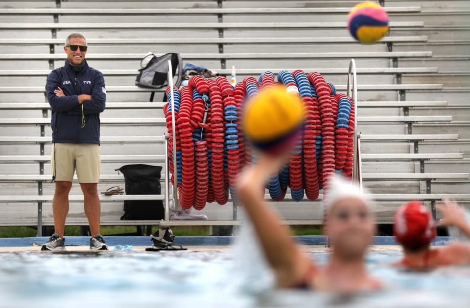 U.S. women's water polo coach Adam Krikorian conducts practice at Joint Forces Training Base in Los Alamitos.