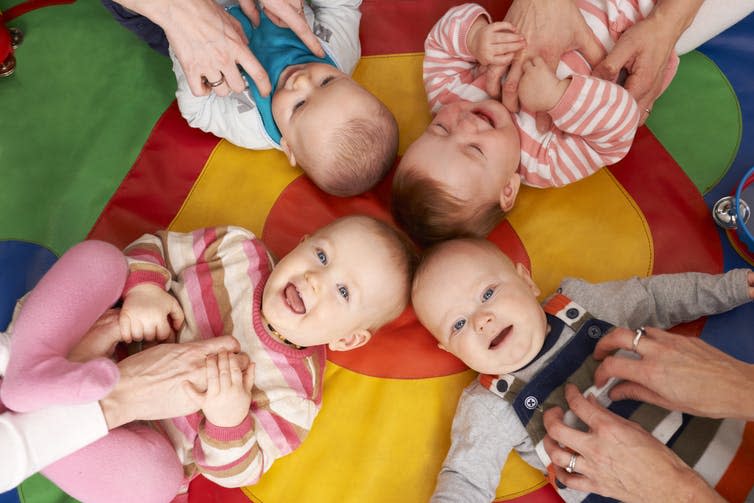 <span class="caption">Maternity leave varies widely across universities.</span> <span class="attribution"><a class="link " href="https://www.shutterstock.com/image-photo/overhead-view-babies-having-fun-nursery-341582567?src=6tvRnIrKjdHpcp4emh9z8w-1-80" rel="nofollow noopener" target="_blank" data-ylk="slk:shutterstock.com;elm:context_link;itc:0;sec:content-canvas">shutterstock.com</a></span>