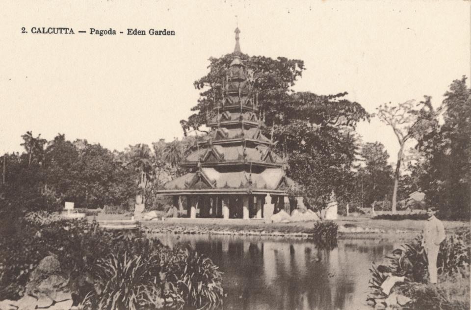 Calcutta - Pagoda - Eden Garden', circa 1900. Eden Gardens, Calcutta, India, constructed in 1834 and named after Emily and Fanny Eden, the sisters of Lord Auckland, the Governor General of India from 1836-1842. In 1840, Eden Gardens were formally opened to the public, the Pagoda was brought from Prome, Burma by Lord Dalhousie and erected in the gardens in 1854. The gardens are now home to the Calcutta Cricket Club. [Art Union, Calcutta, circa 1900]. Artist: Unknown. (Photo by The Print Collector/Getty Images)