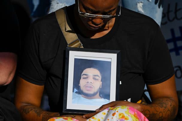 PHOTO: A photo of Donovan Lewis is displayed during a rally at the Columbus Division of Police Headquarters in Columbus, Ohio, Sept. 2, 2022. (Gaelen Morse/Getty Images)