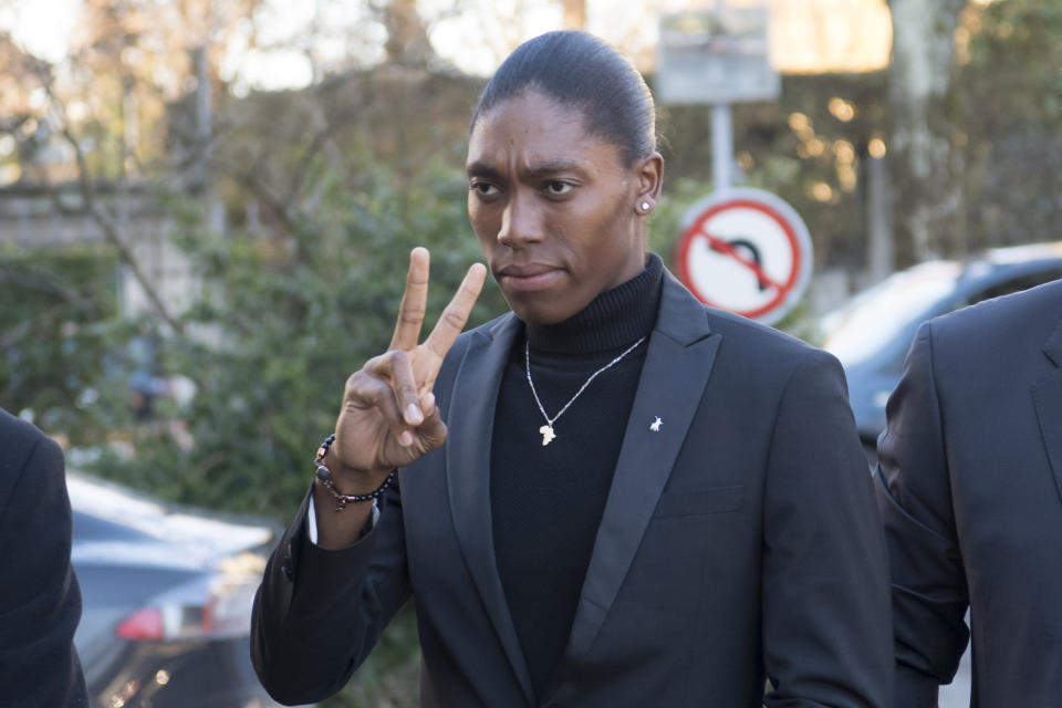 FILE - In this Monday, Feb. 18, 2019 file photo, South Africa's runner Caster Semenya arrives for the first day of a hearing at the international Court of Arbitration for Sport, CAS, in Lausanne, Switzerland. Champion runner Caster Semenya has won what might turn out to be a landmark legal victory. The European Court of Human Rights has decided she was discriminated against by sports rules that force her to medically reduce her natural hormone levels if she wants to compete in major competitions. (Laurent Gillieron/Keystone via AP, File)