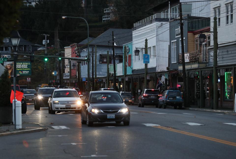Traffic along Bay Street in Port Orchard, Wash., on Nov. 15, 2023. A drug ring linked to the CJNG cartel operated a meth conversion lab in the small town.