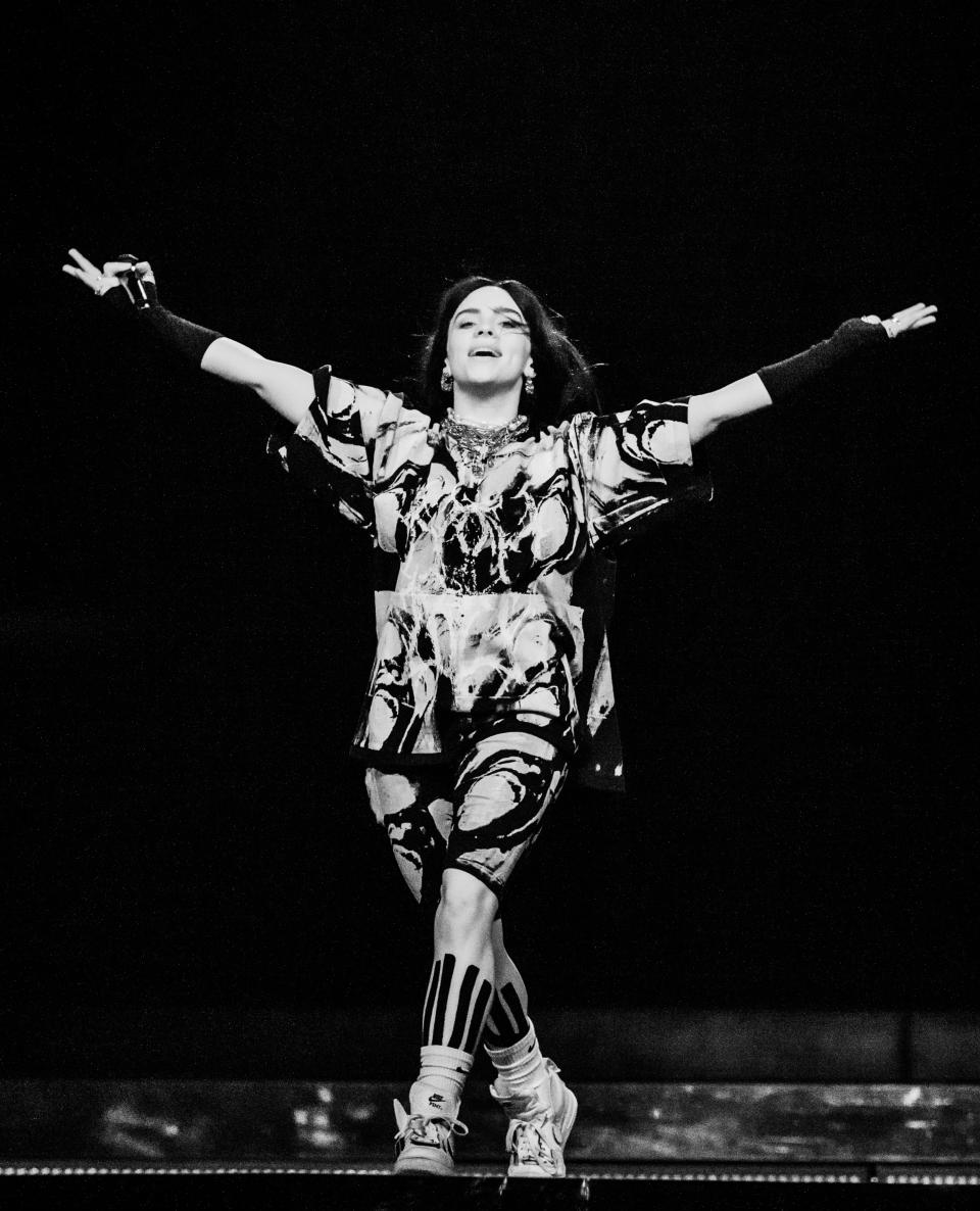 LONDON, ENGLAND - JUNE 10: (EDITORS NOTE: Image has been converted to black and white) Billie Eilish performs on stage during her Happier Than Ever World Tour, at The O2 Arena on June 10, 2022 in London, England. ( (Photo by Samir Hussein/Getty Images for Live Nation UK)