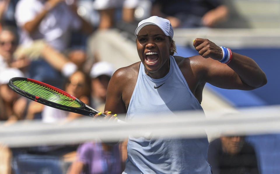 Taylor Townsend, of the United States, reacts after defeating Sorana Cirstea, of Romania, during round three of the US Open tennis championships Saturday, Aug. 31, 2019, in New York. (AP Photo/Sarah Stier)