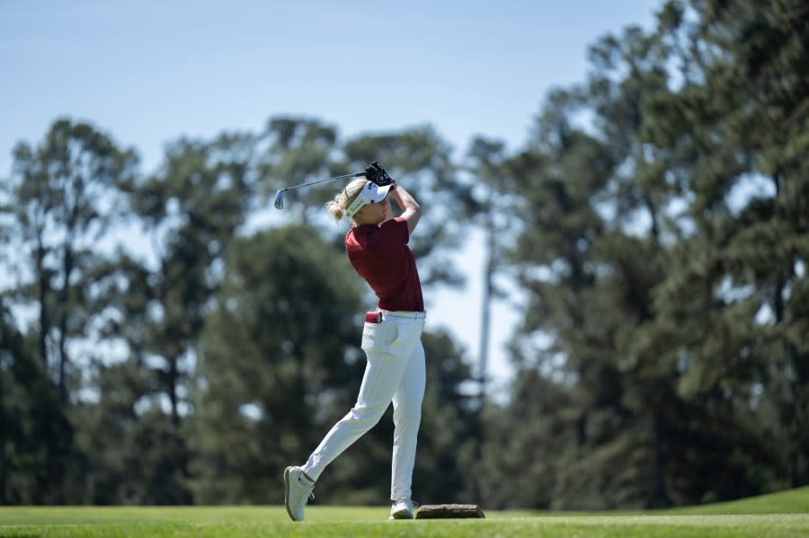 Louise Rydqvist of Sweden plays her stroke from the No. 4 tee during the final round of the Augusta National Women’s Amateur at Augusta National Golf Club, Saturday, April 6, 2024.