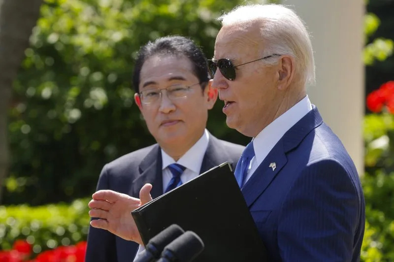 President Joe Biden and Japan's Prime Minister Fumio Kishida depart at the end of a joint press conference in the Rose Garden as part of Kishida's official visit to the White House in Washington, D.C., on Wednesday. Photo by Jonathan Ernst/UPI