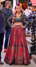 <p>SJP was photographed wearing a traditional maroon lehenga designed by Indian designers Falguni and Shane Peacock. </p><p>The duo's <a href="https://falgunishanepeacock.in/lekha-lehenga-set-mon-amour-jag-niwas" rel="nofollow noopener" target="_blank" data-ylk="slk:website;elm:context_link;itc:0;sec:content-canvas" class="link ">website</a> describes the outfit as having 'multicoloured silk threads embroidery over arch and foliage motifs' and is 'teamed with a full-sleeved navy blue blouse embroidered with gold metal thread-work details, a winged-panel, tassel details and a tulle dupatta'. </p>