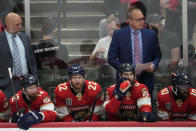 Florida Panthers head coach Paul Maurice, right, watches his team play during the second period of Game 3 of the NHL hockey Stanley Cup Finals against the Vegas Golden Knights, Thursday, June 8, 2023, in Sunrise, Fla. (AP Photo/Rebecca Blackwell)