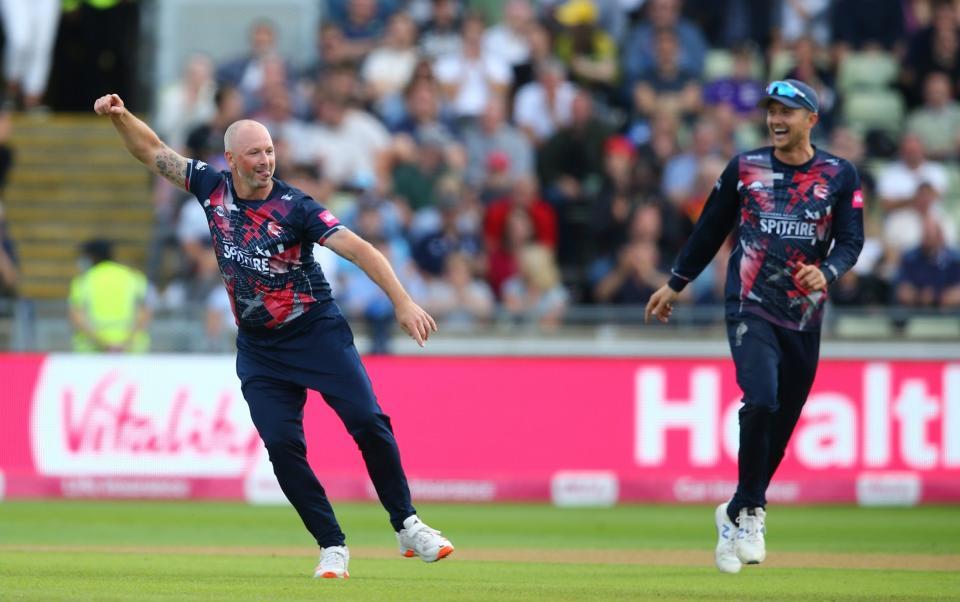 Kent's Darren Stevens show no sign of slowing down as he celebrates the wicket of Sussex's David Wiese - GETTY IMAGES