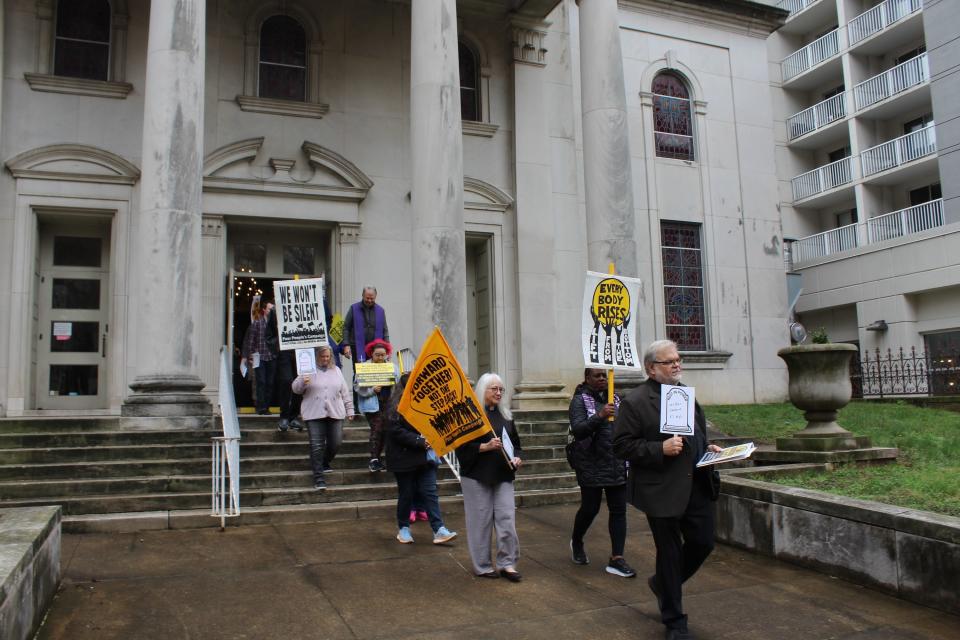 Marchers exit McKendree UMC in a procession to the state Capitol during a Poor People's Campaign event in Nashville on Saturday, March 2, 2024.