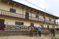 A couple loads bags of potatoes on their horse outside the school where Free Peru party presidential candidate Pedro Castillo works as a teacher, and where local farms are storing their harvests while school is closed due to COVID-19, in Puna, Peru, Friday, April 16, 2021. Castillo, who has proposed rewriting Peru's constitution and deporting all immigrants living in the country illegally who commit crimes, will face rival candidate Keiko Fujimori in the June 6 presidential run-off election. (AP Photo/Martin Mejia)