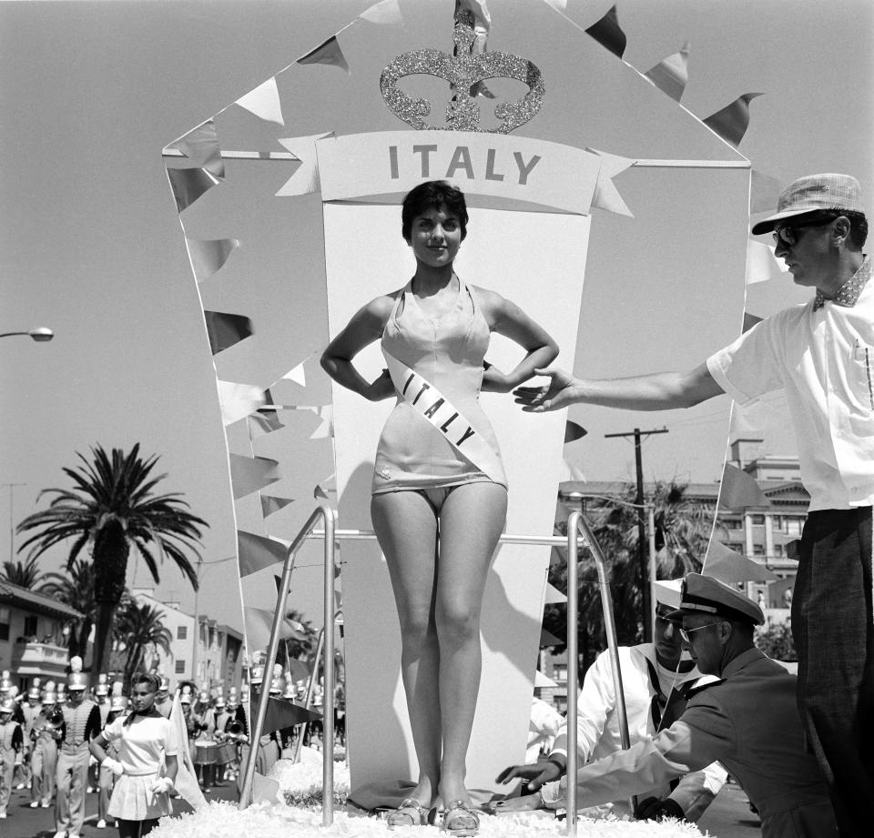 JULY 26, 1958: Miss Italy, Clara Copella, Miss Universe Contestant poses during a parade in Long Beach, California. (