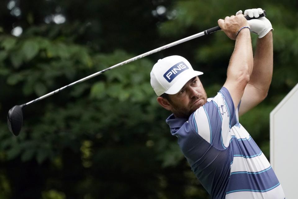 Louis Oosthuizen tees off on the ninth hole during the third round of the Northern Trust golf tournament at TPC Boston, Saturday, Aug. 22, 2020, in Norton, Mass. (AP Photo/Charles Krupa)