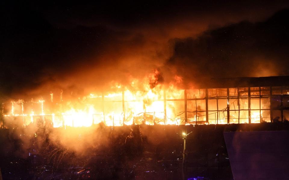 A view shows the burning Crocus City Hall concert hall