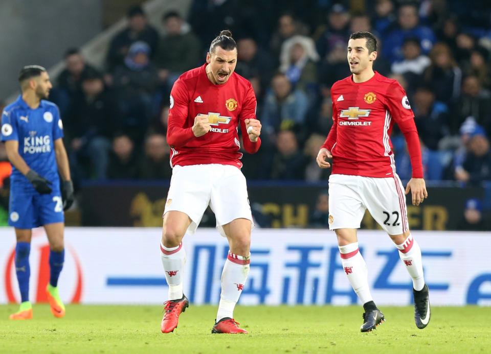 <p>Zlatan Ibrahimovic of Manchester United celebrates after he scores to make it 0-2 during the Premier League match between Leicester City and Manchester United at The King Power Stadium on February 5, 2017 in Leicester, England. </p>