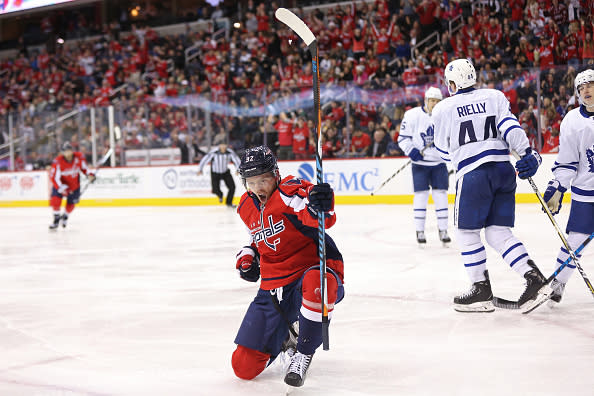 WASHINGTON DC - JANUARY 3: Evgeny Kuznetsov #92 of the Washington Capitals celebrates after scoring a goal against the Toronto Maple Leafs in the third period at Verizon Center on January 3, 2017 in Washington, DC. The Capitals won 6-5. (Photo by Geoff Burke/NHLI via Getty Images)