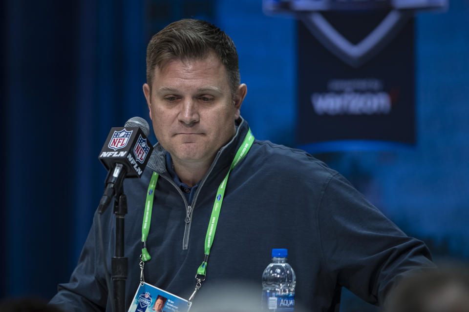 INDIANAPOLIS, IN - FEBRUARY 25: General manager Brian Gutekunst of the Green Bay Packers speaks to the media at the Indiana Convention Center on February 25, 2020 in Indianapolis, Indiana. (Photo by Michael Hickey/Getty Images) *** Local Capture *** Brian Gutekunst