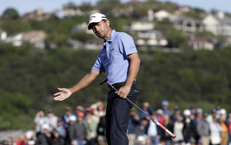 Kevin Kisner reacts to his putt on the 15th hole during the finals against Matt Kuchar at the Dell Technologies Match Play Championship golf tournament, Sunday, March 31, 2019, in Austin, Texas. Kisber won the match. (AP Photo/Eric Gay)