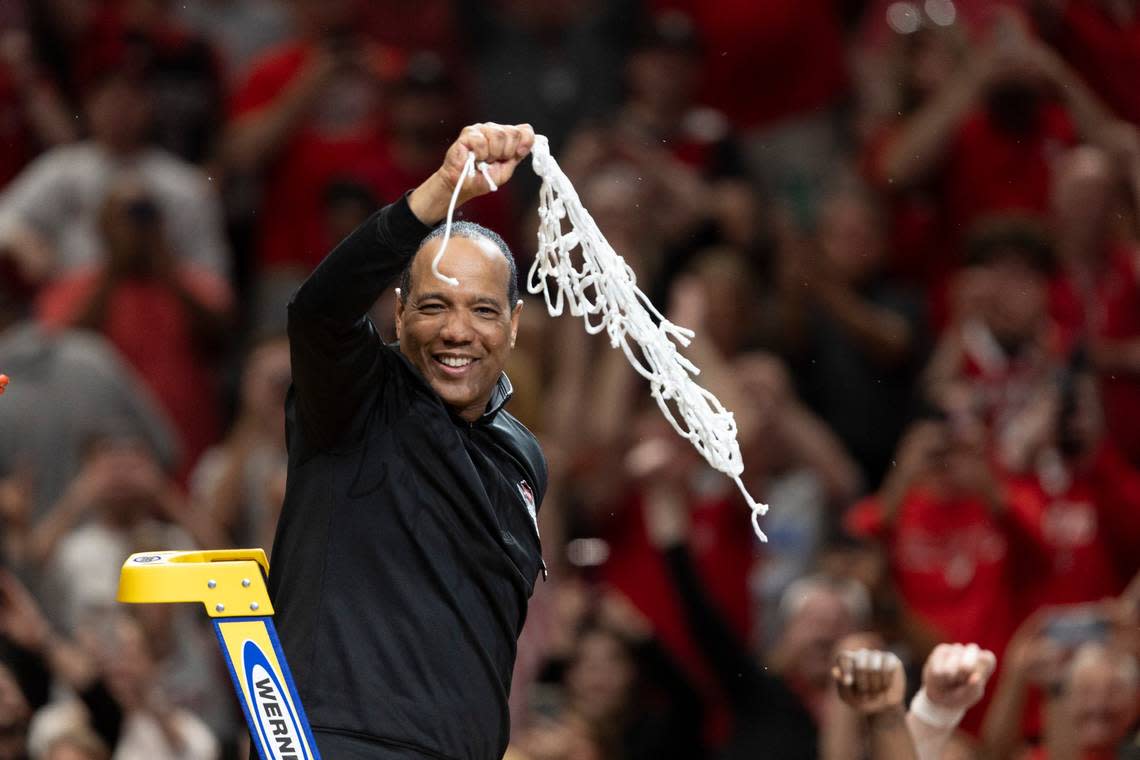 N.C. State coach Kevin Keatts celebrates the Wolfpack’s 76-64 victory over Duke, clinching the NCAA South Regional final and securing a spot in the Final Four on Sunday, March 31, 2024 at the American Airlines Center in Dallas, Texas. Robert Willett/rwillett@newsobserver.com