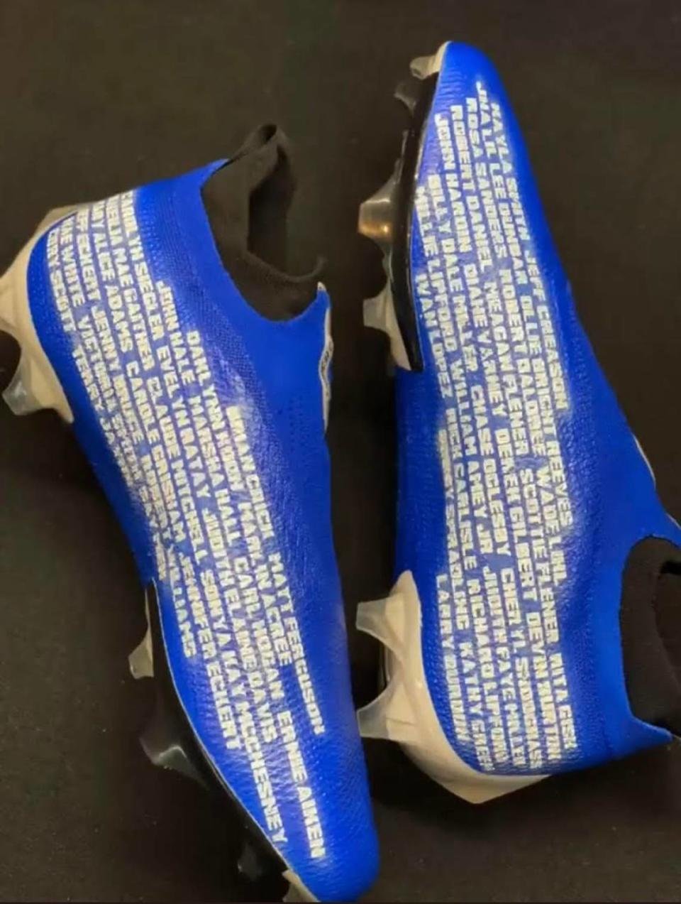 Screenshot from a video shared by Kentucky quarterback Will Levis on Twitter. Levis is wearing cleats in honor of tornado victims during the Wildcats’ game against Iowa on Saturday.