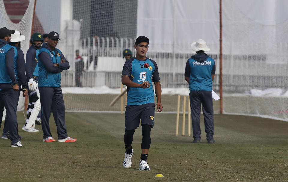 Pakistani pacer Naseem Shah attends the practice session for the first test match against Sri Lanka at the Pindi stadium in Rawalpindi, Pakistan, Monday, Dec. 9, 2019. (AP Photo/Anjum Naveed)