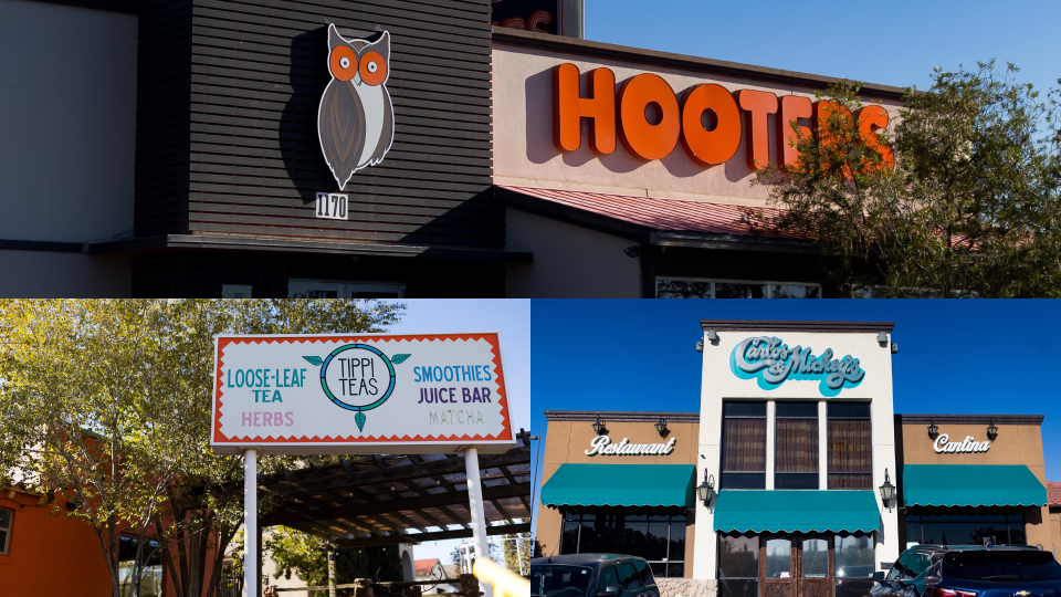 Hooters at 1170 Sunmount Drive (top); Tippi Teas at 2501 N Stanton St. (bottom left); Carlos and Mickey's Mexican Restaurant & Cantina at 12111 Montwood Drive (bottom right)