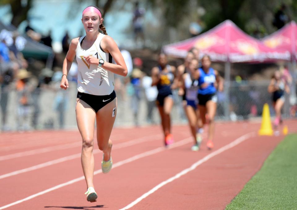 Sadie Engelhardt of Ventura is well ahead of the competition during her victory in the Division 2 1,600-meter race at the the CIF-Southern Section Track and Field Championships at Moorpark High on Saturday, May 14, 2022.