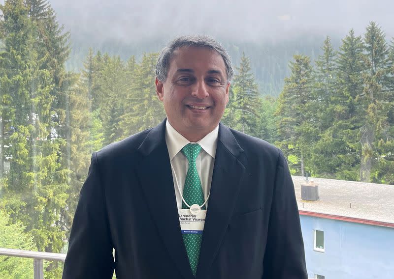 Narendran of Tata Steel TISC.NS poses for a picture after an interview in Davos