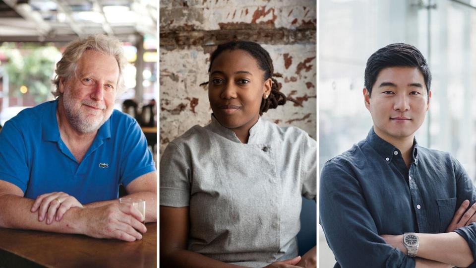 Three-image collage with headshots of chefs Jonathan Waxman, Camari Mick, and Bobby Yoon