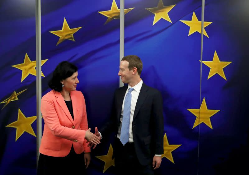Facebook Chairman and CEO Mark Zuckerberg meets with European Commissioner for Values and Transparency Vera Jourova at the EU Commission headquarters in Brussels