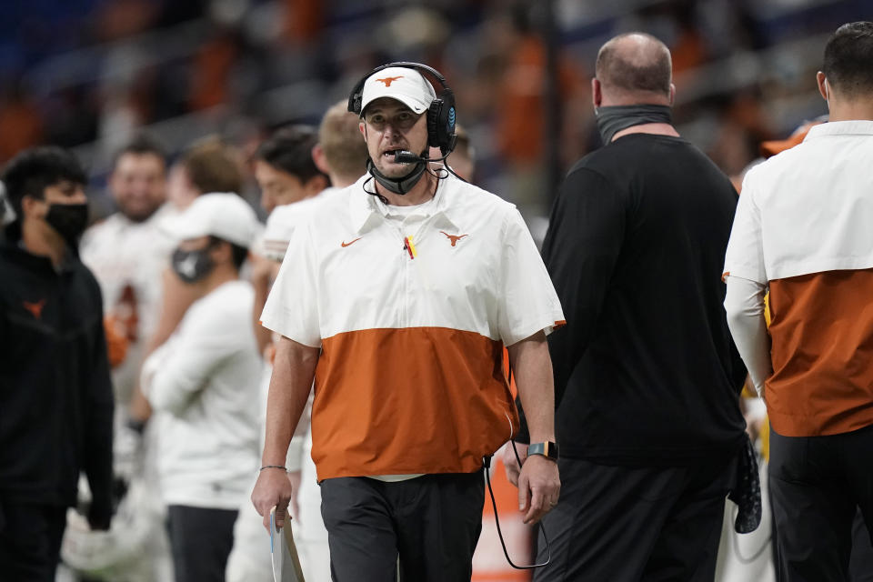 Texas head coach Tom Herman during the second half of the Alamo Bowl NCAA college football game against Colorado, Tuesday, Dec. 29, 2020, in San Antonio. (AP Photo/Eric Gay)