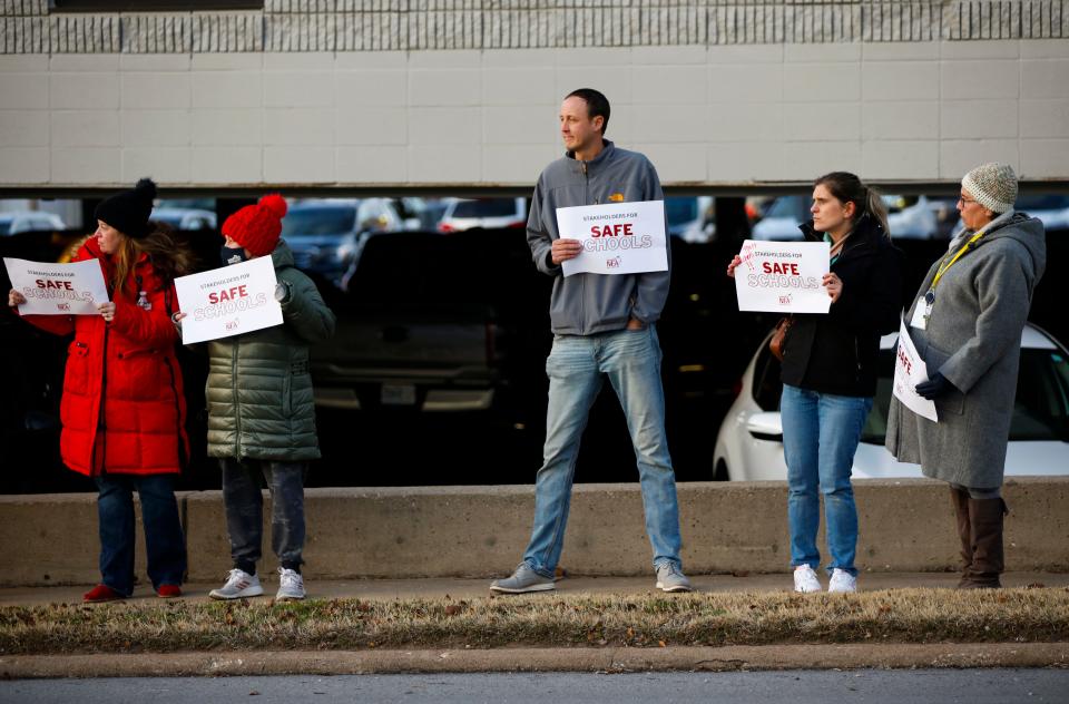 Landon McCarter, a local businessman who has been working as a substitute, has filed the paperwork to run for the school board in April. He was part of the Tuesday protest outside of the Kraft Administration Center.