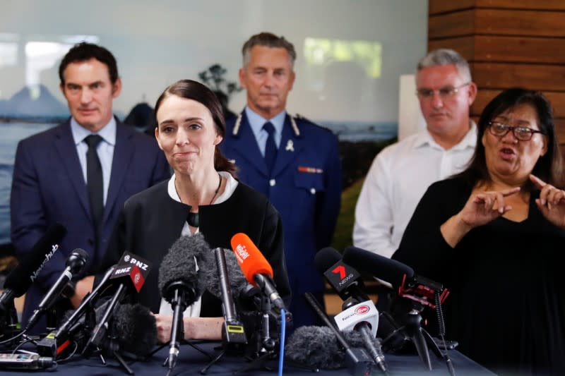 FILE PHOTO: New Zealand's Prime Minister Jacinda Ardern addresses the media in the aftermath of the eruption of White Island volcano, also known by its Maori name Whakaari, at Whakatane