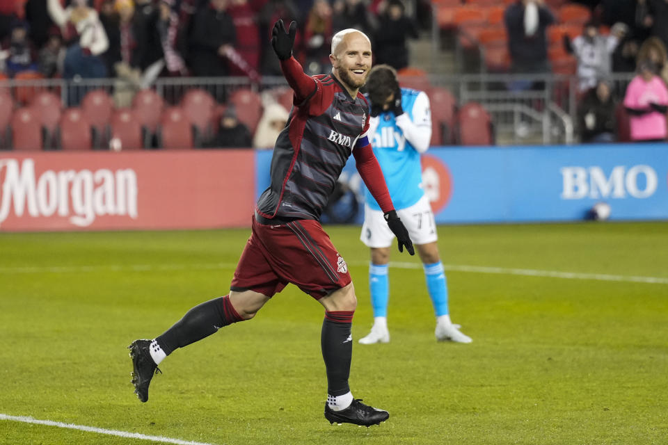 Toronto FC midfielder Michael Bradley (4) celebrates his goal against Charlotte FC during the first half of an MLS soccer match Saturday, April 1, 2023, in Vancouver, British Columbia. (Andrew Lahodynskyj/The Canadian Press via AP)