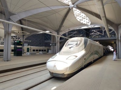 Train stops at the new KAEC station of the Haramain speed train at King Abdullah Economic City, near Jeddah, Saudi Arabia September 18, 2018.  REUTERS/Stephen Kalin