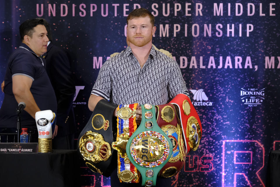 ZAPOPAN, MEXICO - MARCH 14: Saul Canelo Alvarez poses with his belts during the press conference at Akron Stadium on March 14, 2023 in Zapopan, Mexico. Canelo Alvarez will fight against John Ryder on May 6, 12 years after his last combat in Mexico. The event will take place at Akron Stadium. (Photo by Alfredo Moya/Jam Media/Getty Images)