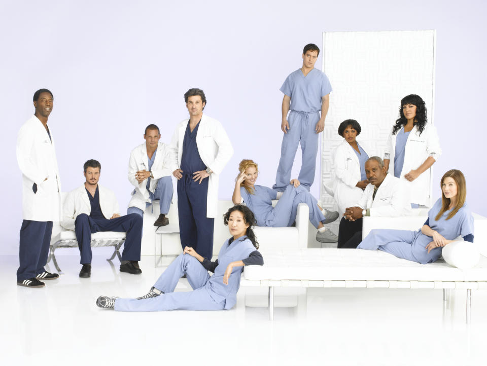 "Grey's Anatomy" stars, from left, Isaiah Washington, Eric Dane, Justin Chambers, Patrick Dempsey, Sandra Oh, Katherine Heigl, T.R. Knight, Chandra Wilson, James Pickens Jr., Sara Ramirez and Ellen Pompeo. (Bob D'Amico/Disney General Entertainment Content via Getty Images)